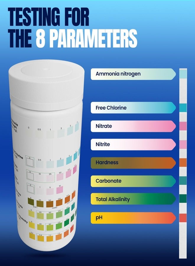 شرائط اختبار أحواض السمك - طقم اختبار مياه أحواض السمك 8 في 1: طقم اختبار أحواض السمك للمياه العذبة والمالحة، 50 شريطًا، سريع ودقيق لقياس الأمونيا، ودرجة الحموضة، والصلابة، والمزيد، طقم اختبار مياه البرك للكشف عن الرصاص - Image 5
